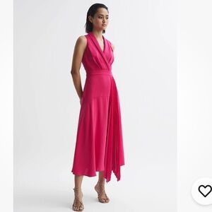 REISS CLAIRE PINK PLEATED FITTED MIDI DRESS SIZE 2